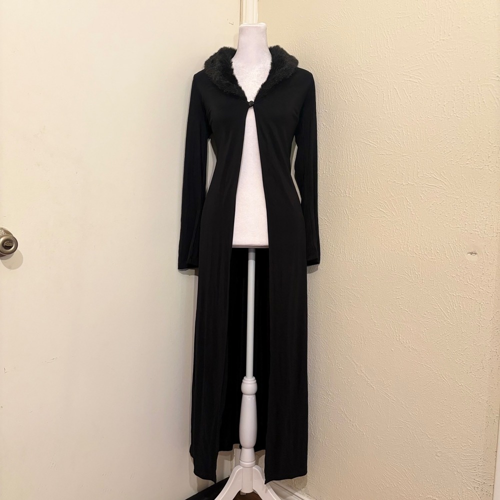 90s Vtg Black Faux Fur Collar Extra Long Cardigan Duster Goth Whimsigoth Boho M